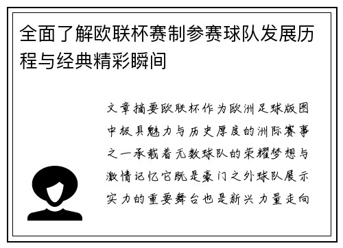 全面了解欧联杯赛制参赛球队发展历程与经典精彩瞬间